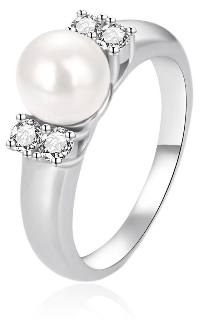 Silberner Ring mit Zirkonen und echter Perle AGT-R07W - Kreislauf: 52 mm
