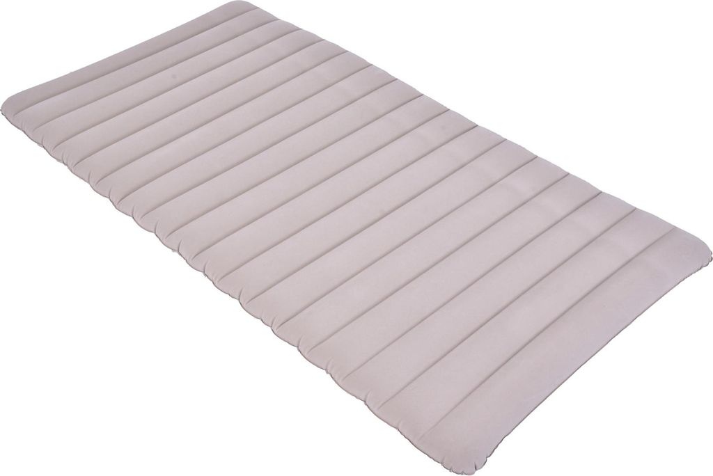 A light gray air mattress lying flat on a white background.