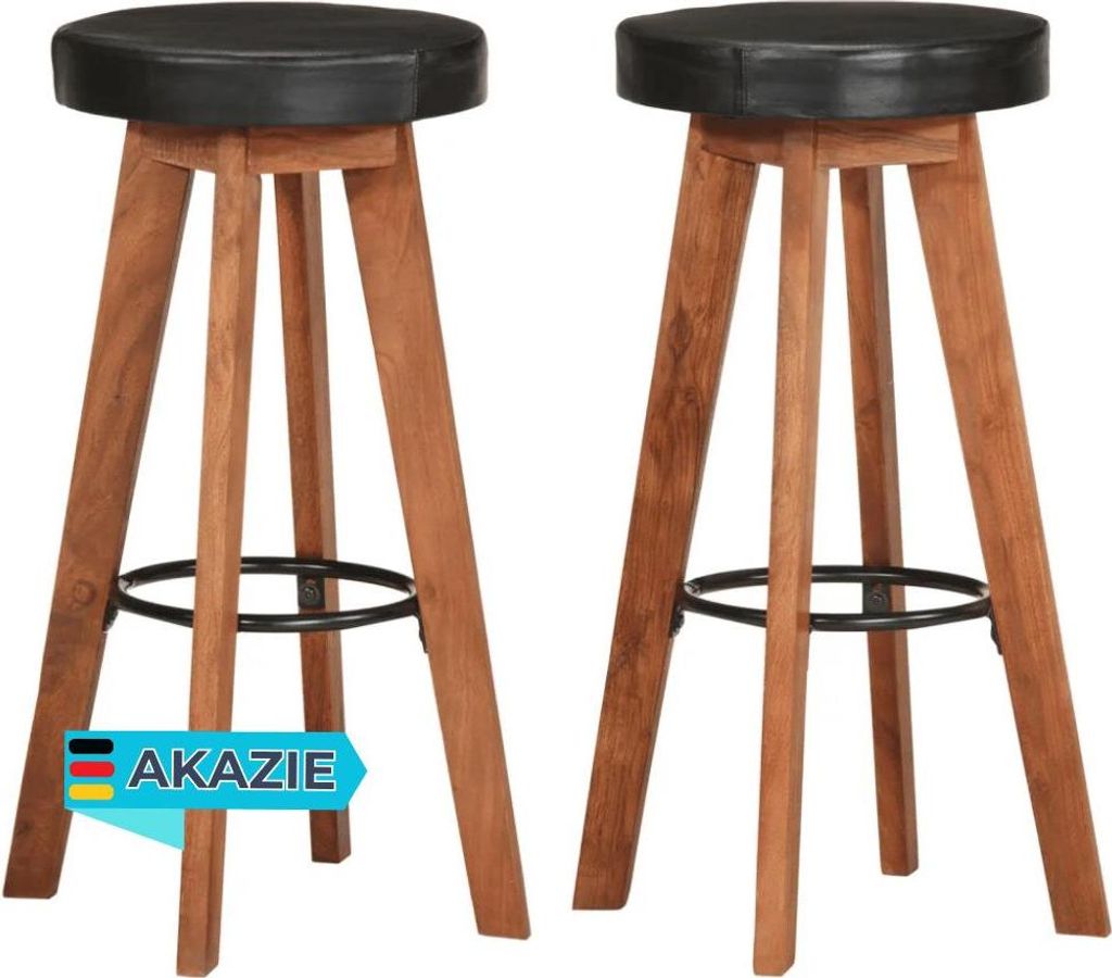 Barhocker FENI 2er Set Echtleder und Massivholz Akazie Schwarz | Barstühle Küchenhocker Thekenhocker für Küche Hausbar