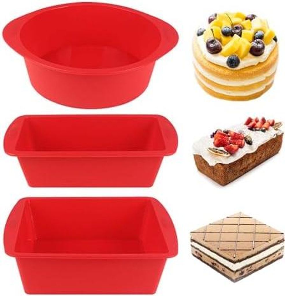 3 Stück Silikon Kuchenform, Silikon-Backform Set, Kuchenform Hitzebeständig Backform für Kuchen, Brot, Quiche (Rot, Quadratisch)