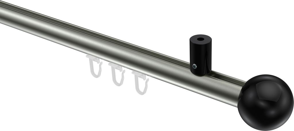 Interdeco Innenlaufstange / Gardinenstange mit Innenlauf Edelstahl-Optik / Schwarz, Typ Sonius Luino (Kugel) Deckenmontage, 20 mm Ø 1-läufig, 240 cm