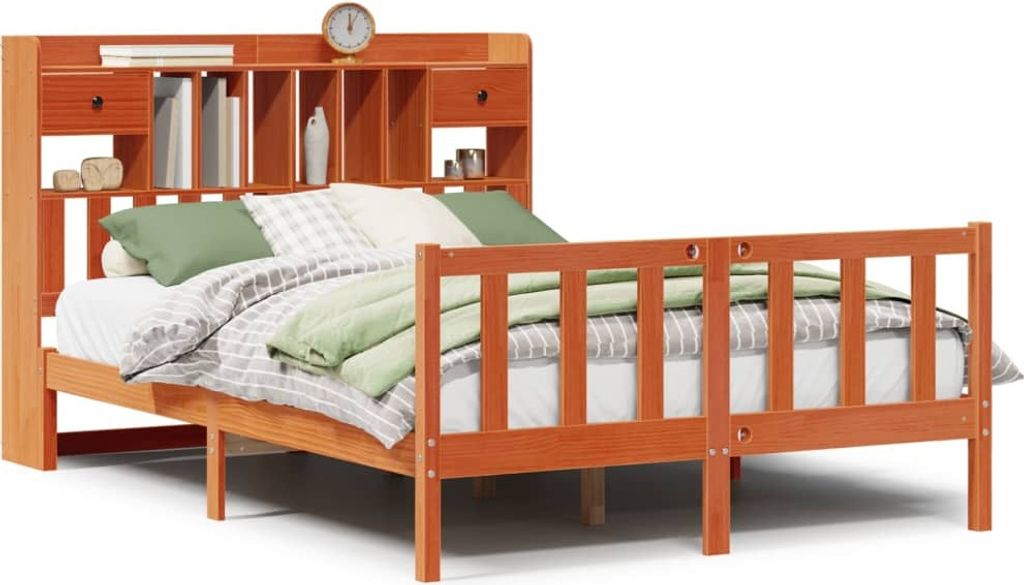 vidaXL Massivholzbett mit Regal ohne Matratze Wachsbraun 150x200 cm