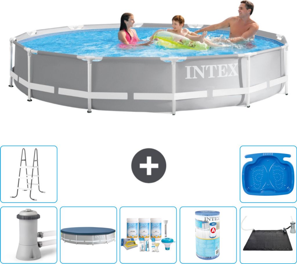 Intex Round Prism Frame Swimming Pool – 366 x 76 cm – Grau – inklusive Pumpe Abdeckung - Wartungspaket - Filter - Solarmatte - Leiter - Fußbad