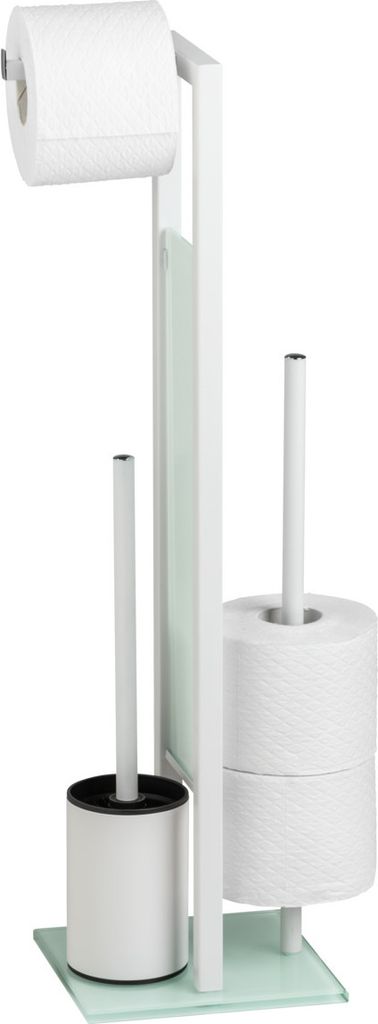 A white toilet brush and toilet paper holder stand.