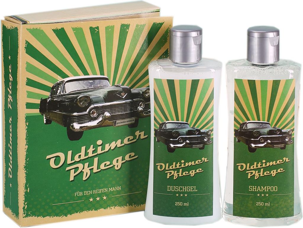 Geschenkset "Oldtimer Pflege" für Männer zum Geburtstag - Lustiges Geschenk für ältere Herren - Pflege-Set mit 1x Duschgel & 1x Shampoo