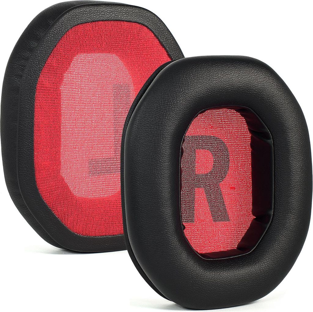 Two black ear pads with red inner lining, one labeled 'L' and the other 'R'.