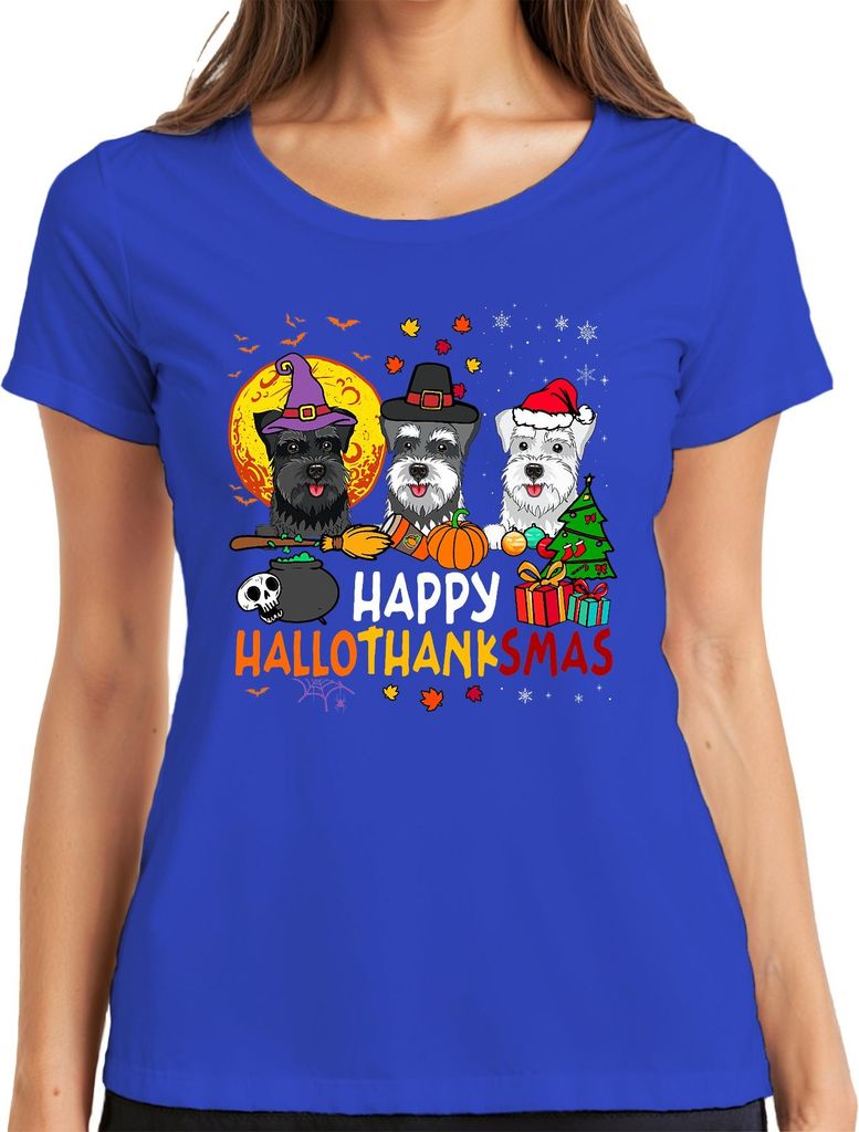 Happy Hallothanksmas Schnauzer Halloween Thanksgiving Weihnachten Damen T-Shirt, Blau, XL