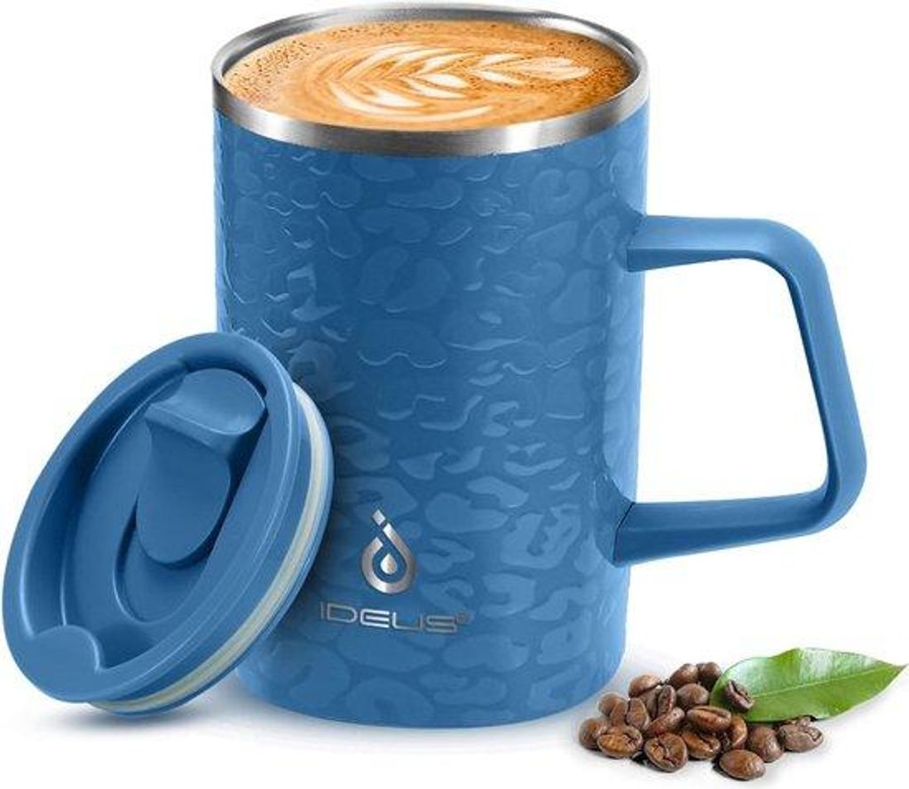Luipaardblauwe, vacuümgeïsoleerde, dubbelwandige roestvrijstalen koffie- und Teemok mit großem Volumen und antislip-Handgriff