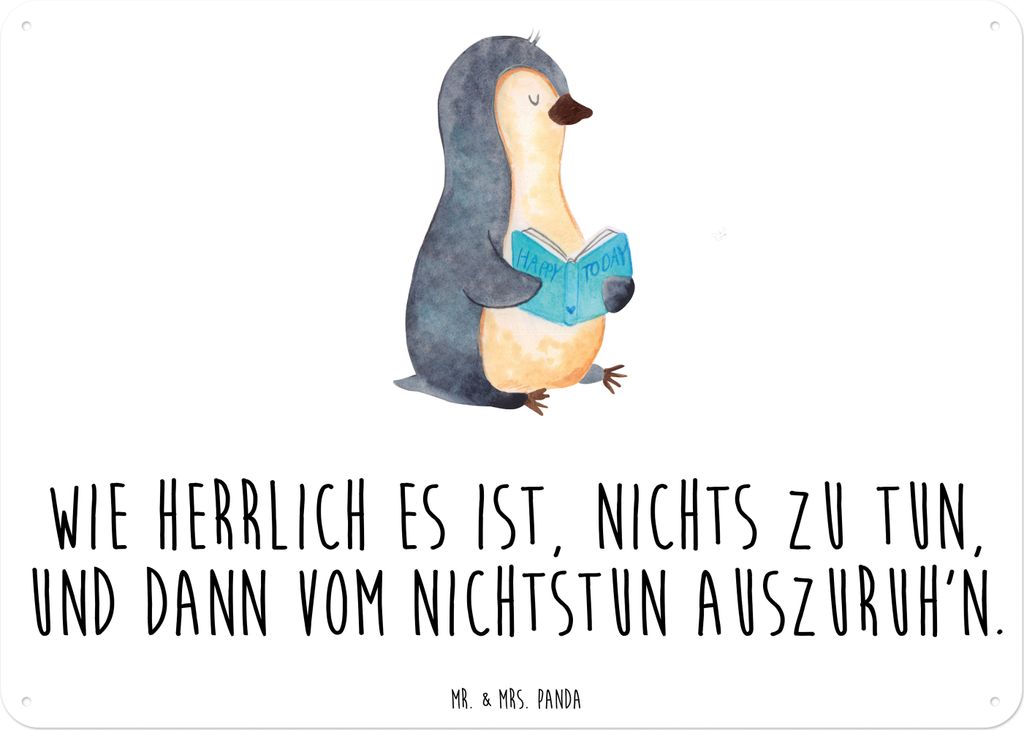 Mr. & Mrs. Panda Schild Pinguin Buch DIN A6 - Weiß - Geschenk, Freizeit, Bücherwurm, wandtafel, Lesen, Blechschild, Urlaub, Türschild, Metallbil...