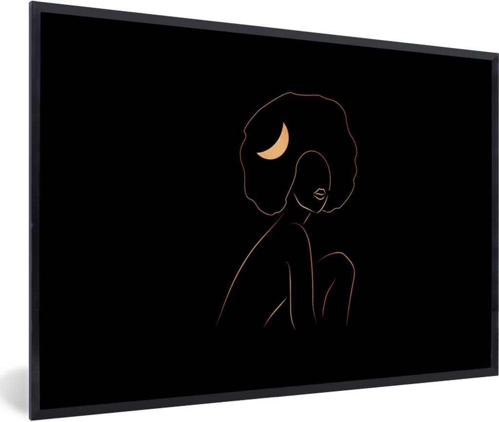 MuchoWow Gerahmtes Poster Frau - Gold - Schwarz - Strichzeichnung 90x60 cm - Poster mit Schwarzem Bilderrahmen Wandposter Rahmen Foto Bilder - Fo...
