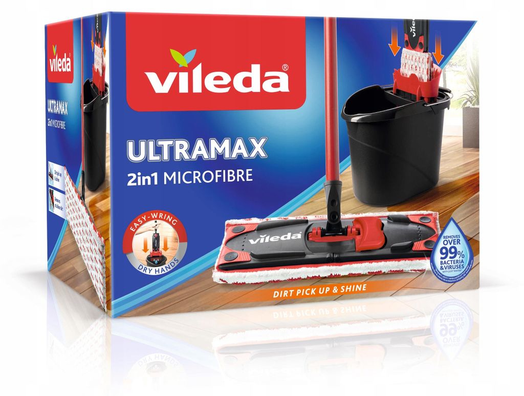 Vileda Set Mit Flachmop Und Ultramax Turbo-Eimer Mit Ausdrücker, Stiel Und Einsatz