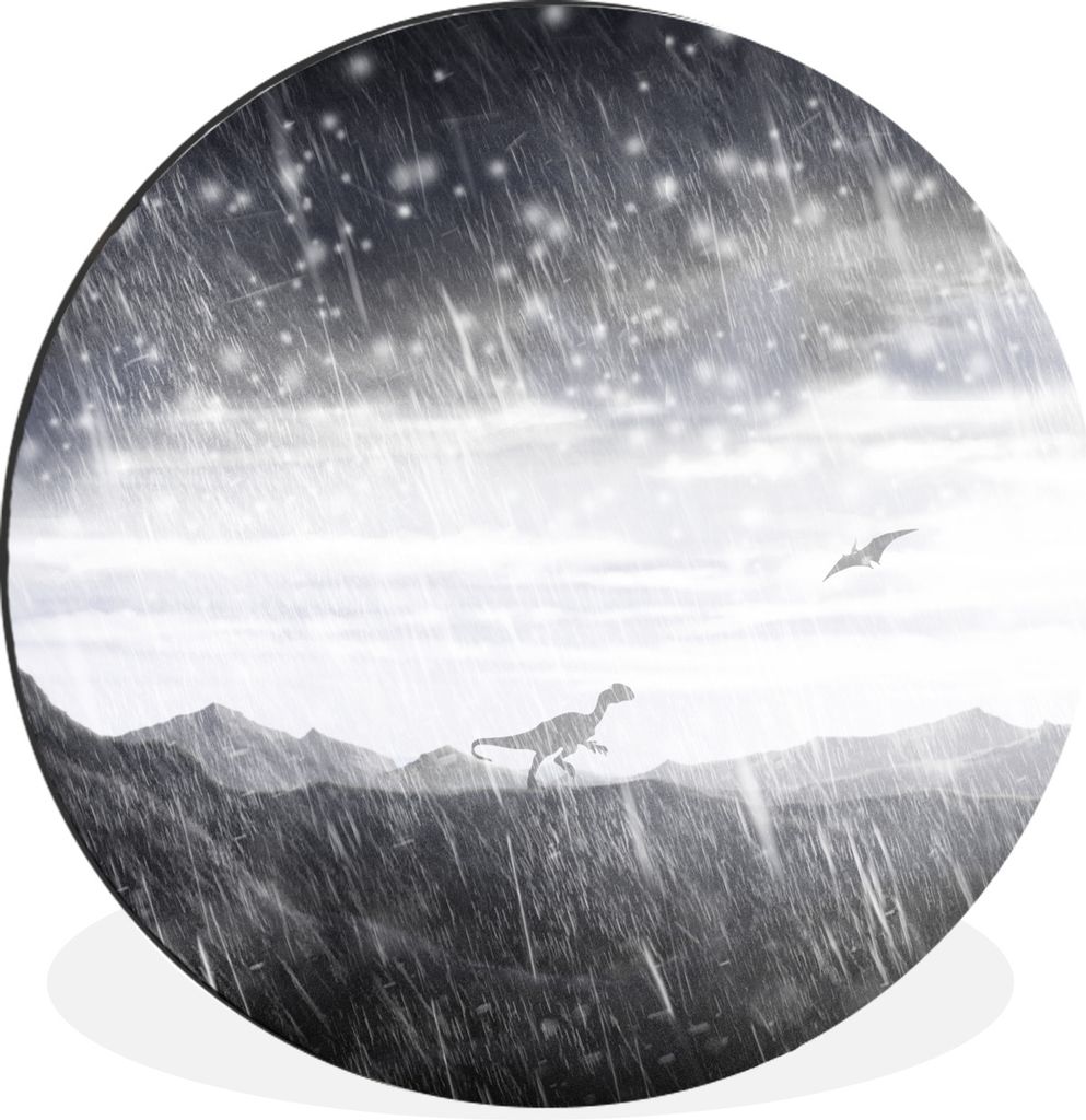 MuchoWow Aluminium Wandkreis Dinosaurier - Schwarz - Weiß - Regen Ø 90 cm Wanddeko Modern Wohnzimmer - Mauerkreis - Wandbilder - Runde Bild - B...