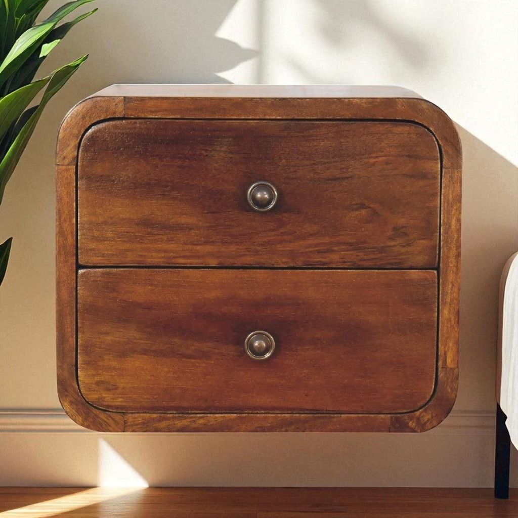 Schwebender Mini-Nachttisch aus Massivholz – Kastanienbraun, 2 Schubladen, Handgefertigt, Wandmontage, Nachhaltiges Design, 30x25x25 cm