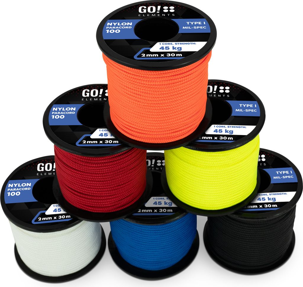 GO!elements 30m Paracord 2mm Seil aus reißfester Nylonschnur - Paracord 100 Typ I Survival Schnur - Reißfest bis 45kg - geeignet als Allzweckseil...