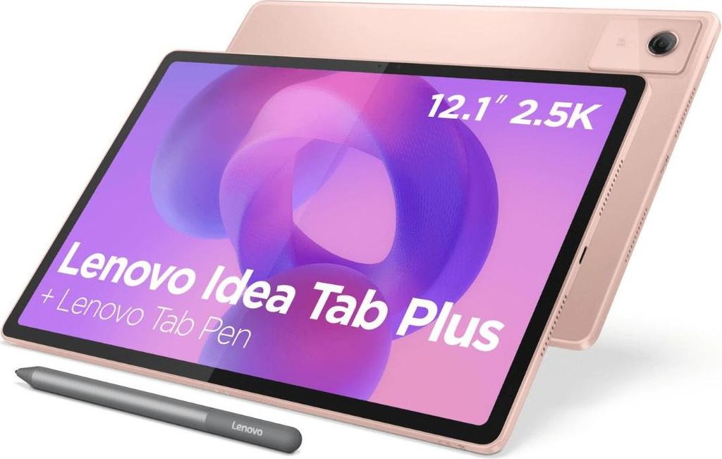 A pink Lenovo tablet with a stylus in front of it, displayed on a white background.