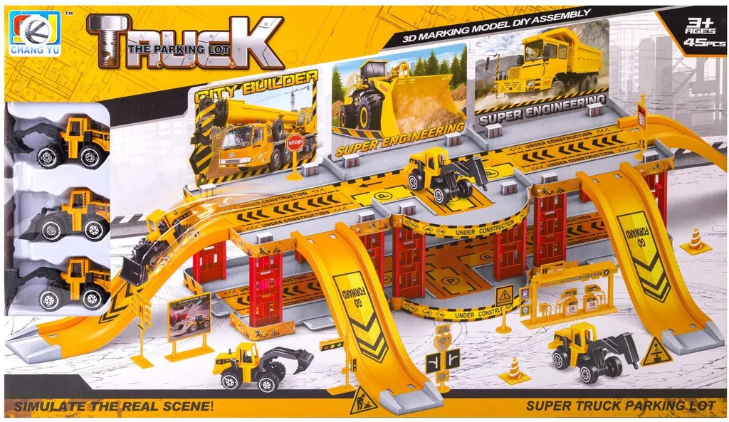 Circuit Garage Véhicules de Chantier 3 Jouets - Coffret Chantier Enfant