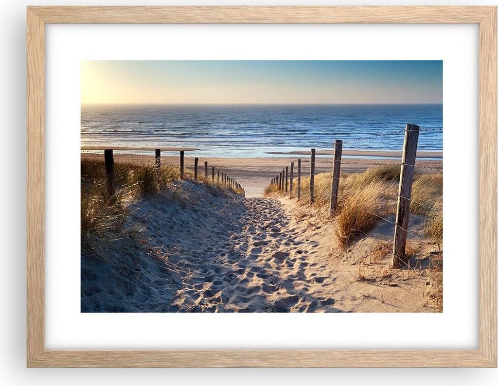 Gerahmtes Poster - Rahmen in heller Eiche - Meer Strand Düne - 40x30 cm - Wand Bild - Wanddeko - Wandbilder - Kunstposter - Wandposter - Bilderrah...