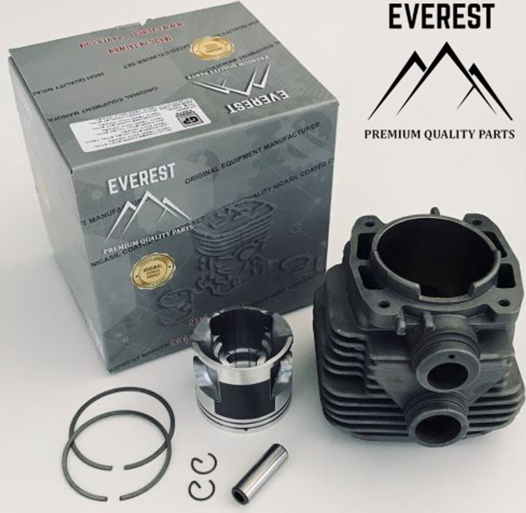 A product shot of a chainsaw cylinder kit with its packaging.