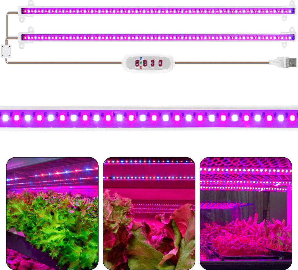 A collage showing LED grow lights and plants under grow lights.