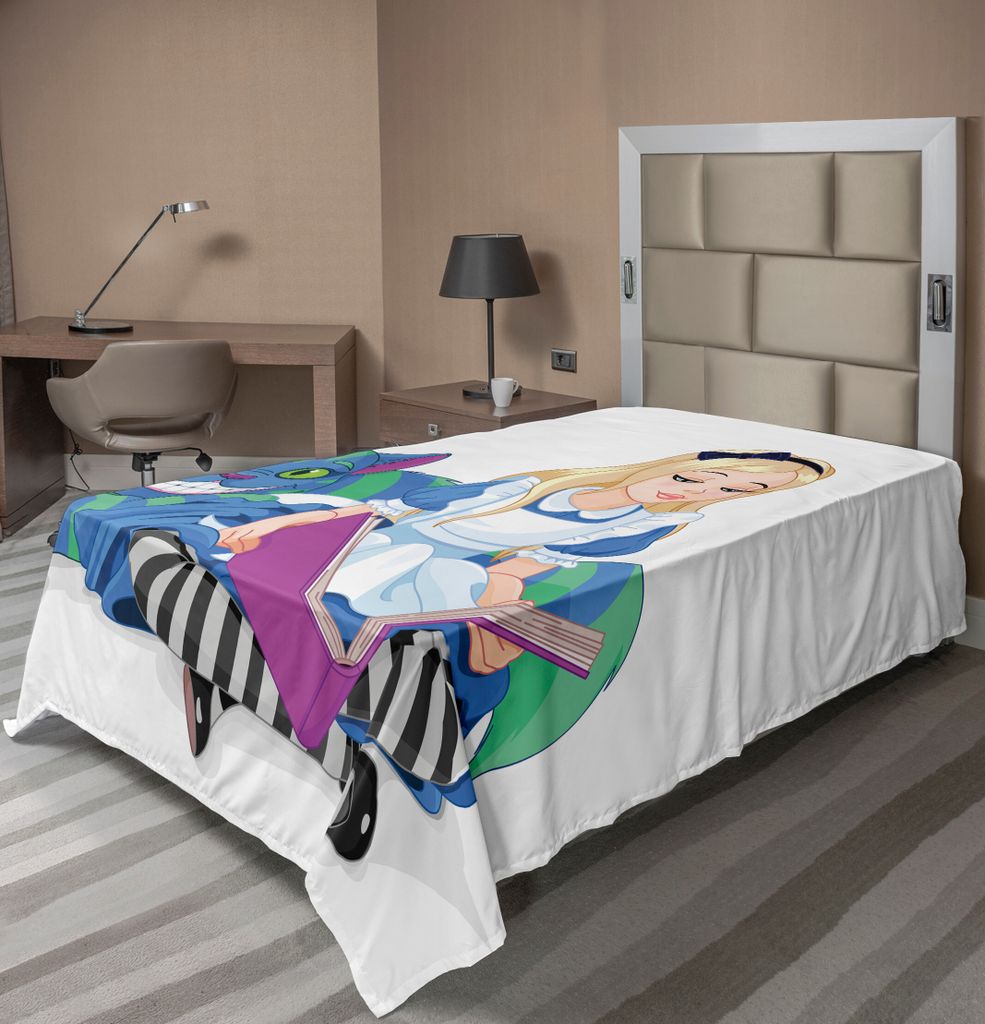 ABAKUHAUS Alice im Wunderland Bettlaken, Alice Lesebuch Katze Buntes Weltglück Liebes Charakter Bild, weiches bequemes oberes Bettlaken für ein N...