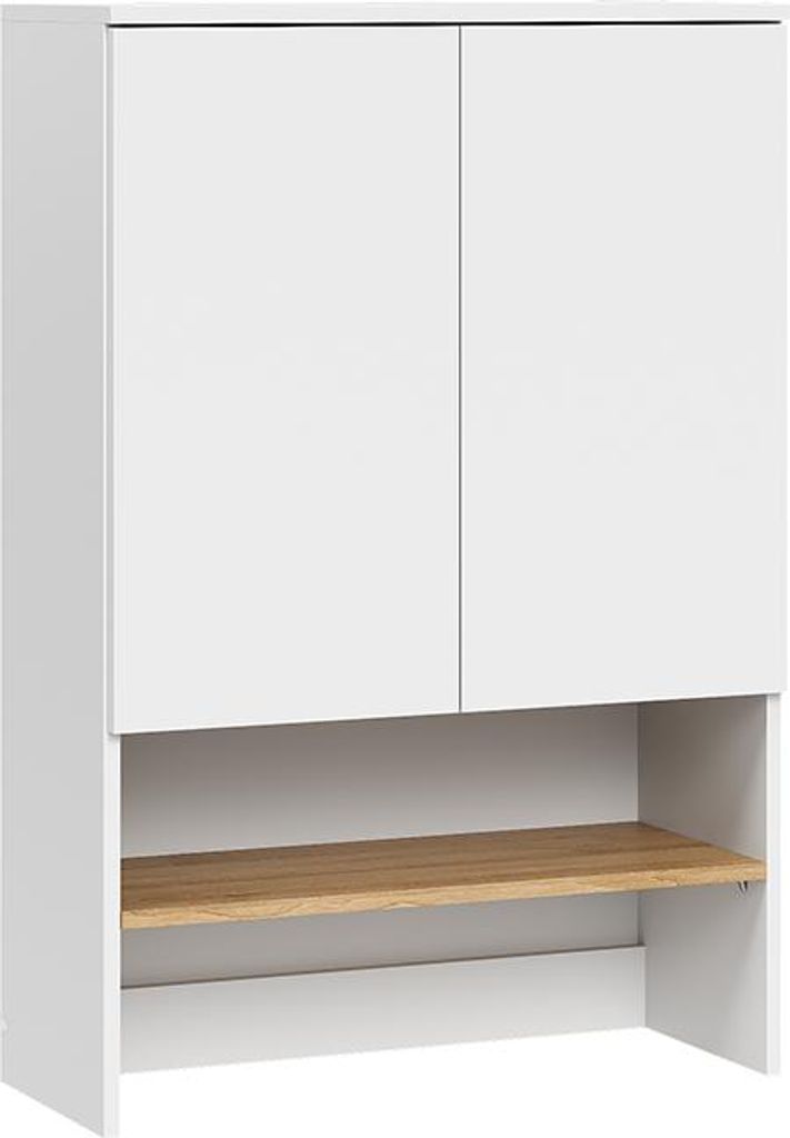 A white cabinet with a wooden shelf.