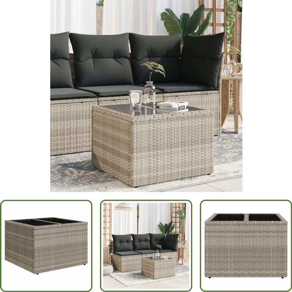 The Living Store Gartentisch mit Glasplatte Hellgrau 55x55x37 cm Poly Rattan