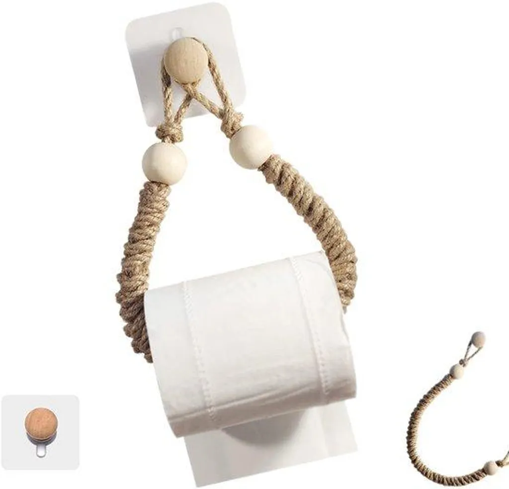 Porte-papier toilette vintage en corde et bois, décoration artisanale