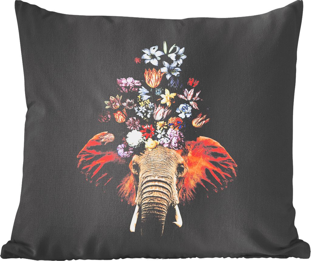MuchoWow Zierkissen Sofakissen Wohnzimmer Dekokissen 40x40 cm Elefant - Blumen - Farben - Foto Kissen - Schlafzimmer Dekoration