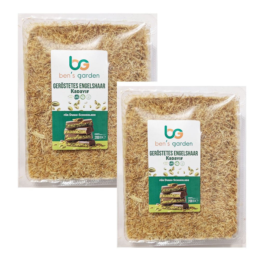 Two packages of roasted kadayif, a type of shredded phyllo dough, are shown against a white background. Each package has a label with product information and an image of the prepared dessert.