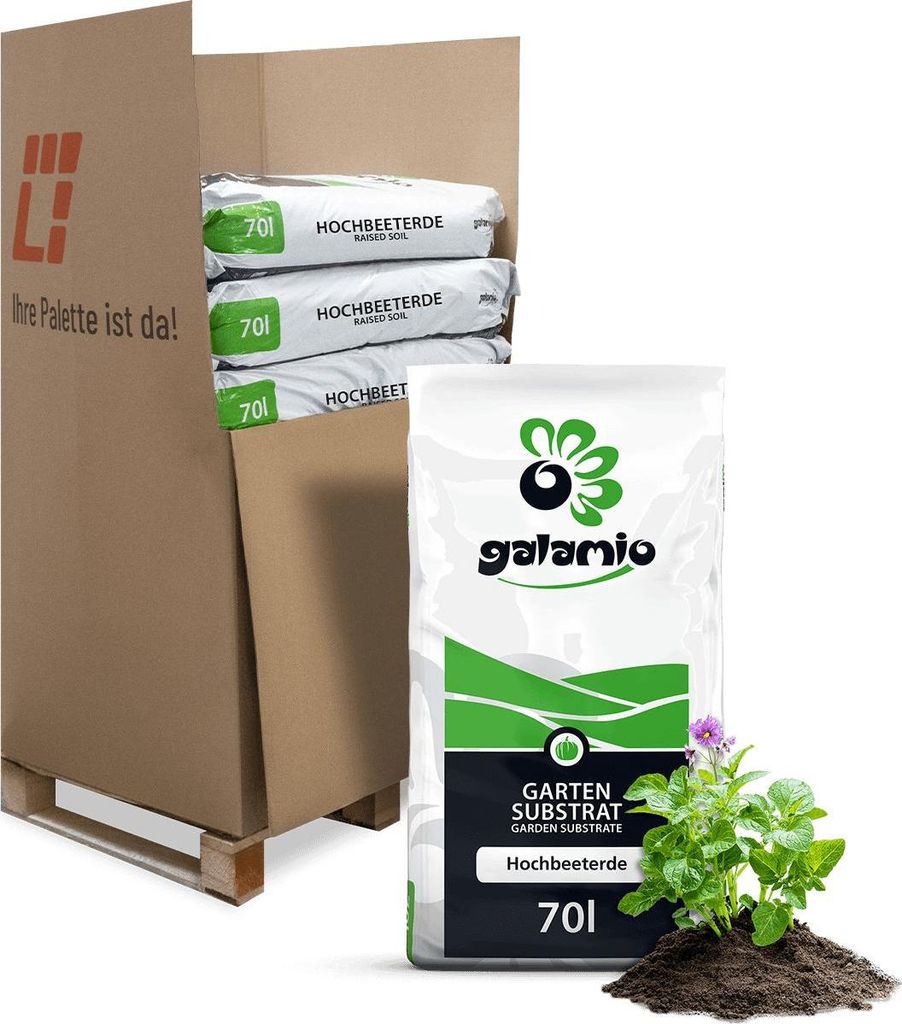 A pallet of bagged garden substrate (Hochbeeterde) is shown, with one bag prominently displayed in the foreground next to a small plant.