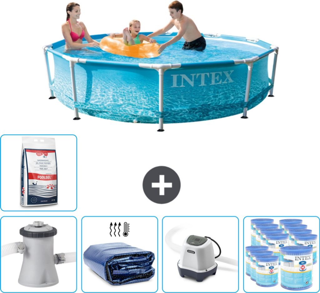 Intex Rundrahmen-Schwimmbecken – 305 x 76 cm – Wasserdruck – inklusive Pumpe Sonnensegel - Salzwassersystem - Filter - Poolsalz