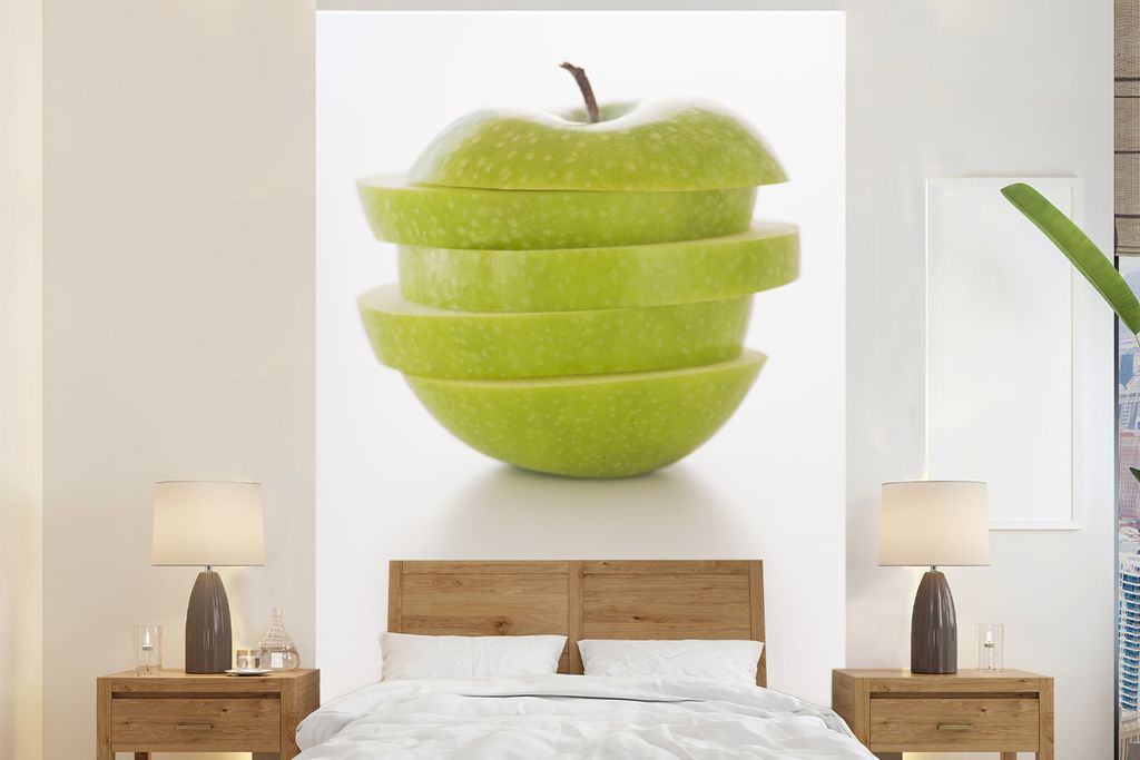 MuchoWow Fototapete für Wohnzimmer oder Schlafzimmer Wandtapete Vinyl Motivtapete Apfel in Scheiben geschnitten - 160x240 cm - Vinyltapete