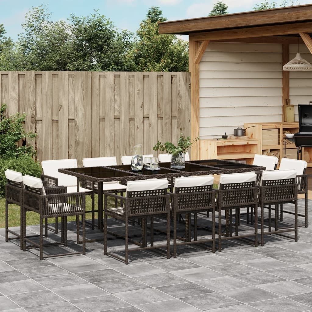 13-tlg. Garten-Essgruppe mit Kissen Braun Poly Rattan, Gartenmöbel-Sets 2024 Neu