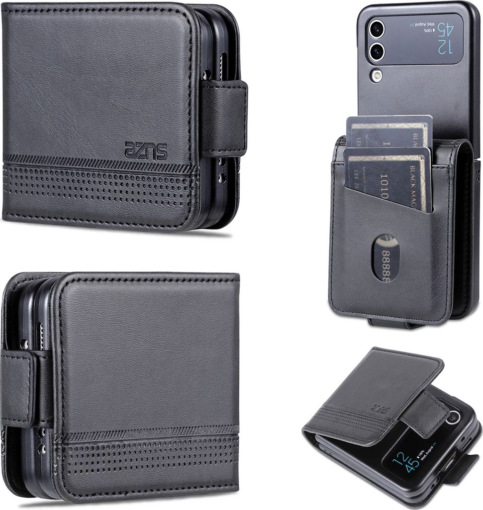 Galaxy Z Flip4 Leder Hülle, Klapphüllen Brieftasche Magnetverschluss Ständer Schutzhülle für Samsung Galaxy Z Flip 4 5G Schwarz
