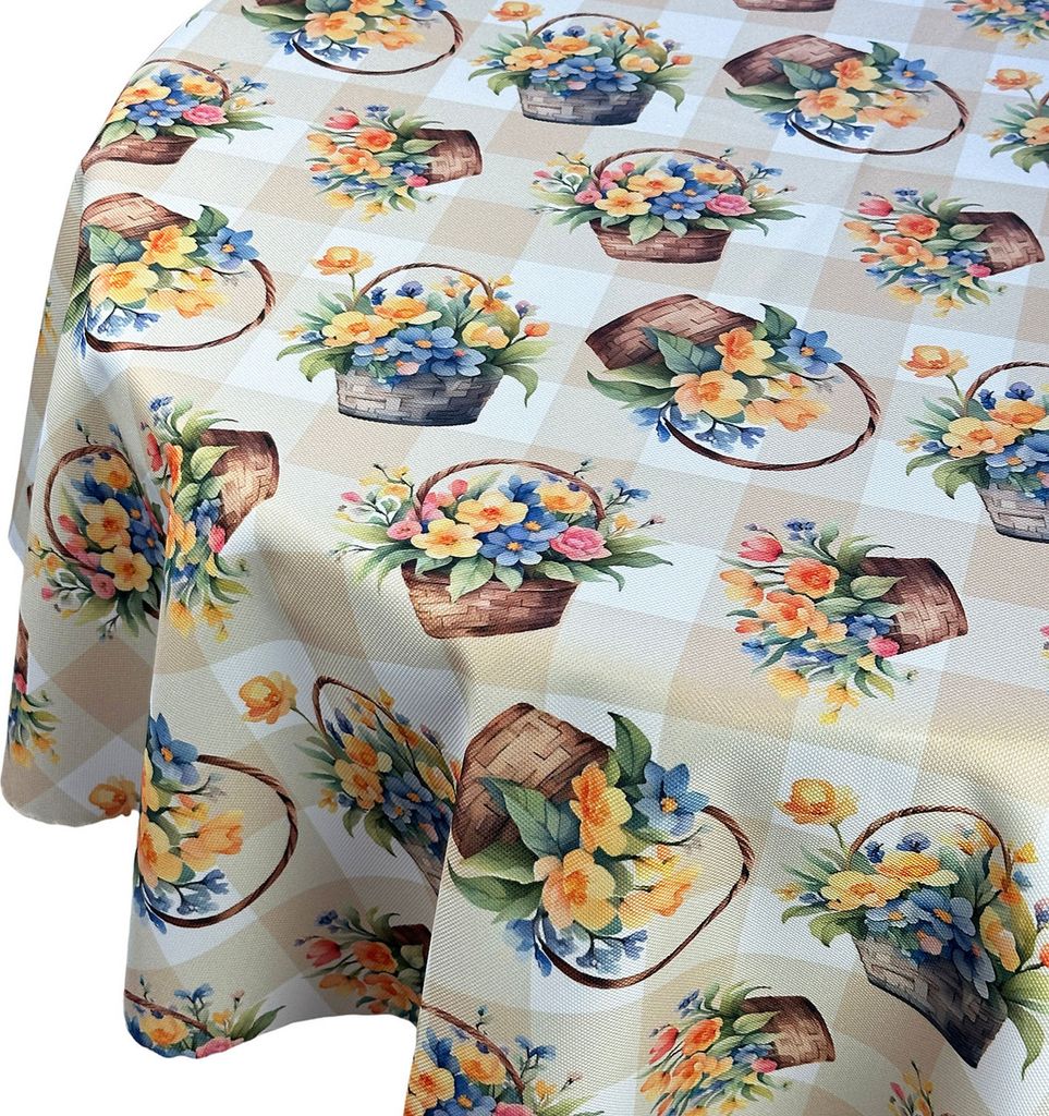 Tischdecke Fleckenabweisende Druck Frühlingskorb Beige Gelb Kariert Durchmesser: Ø 130 cm