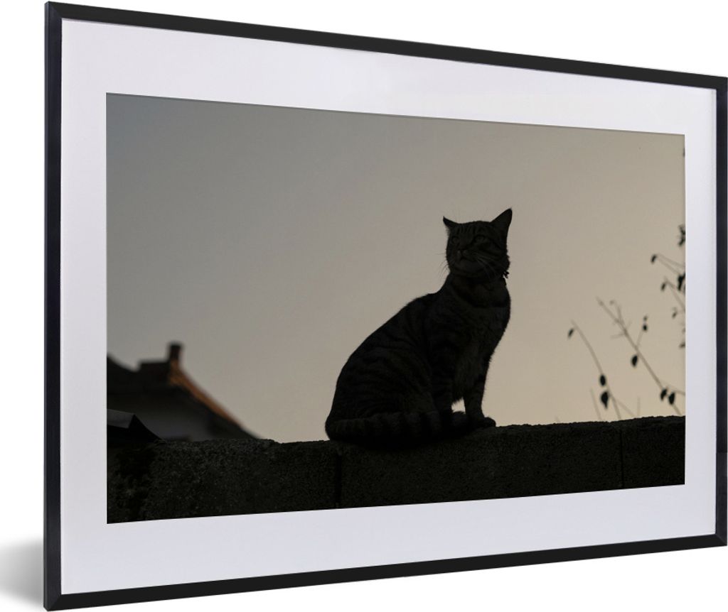MuchoWow MuchoWow Gerahmtes Poster Katze - Dunkelheit - Zaun 60x40 cm - Poster mit zchwarzem Bilderrahmen - Schlafzimmer - Plakat in Rahmen - D...