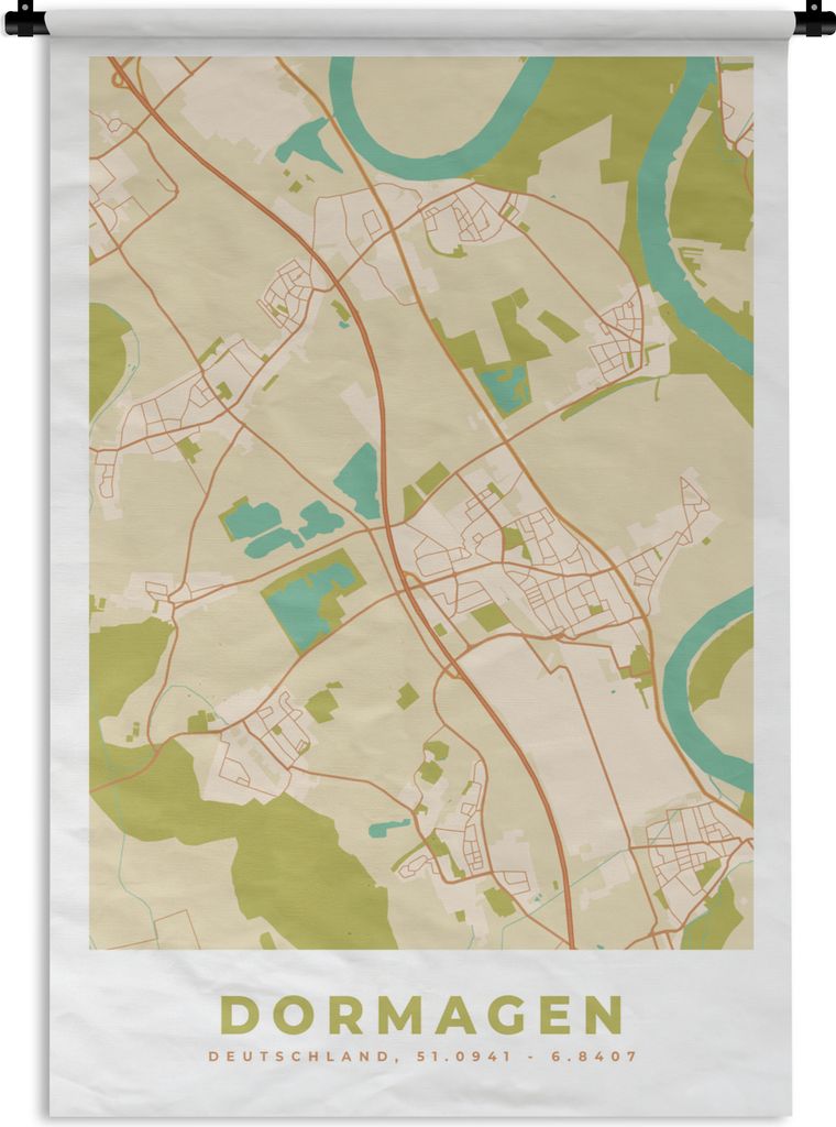 MuchoWow Wandteppich Wandbehang Stadtplan - Vintage - Dormagen - Karte 60x90 cm Tapisserie Dekoration Wandtuch - Foto-Teppich - Abwaschbar
