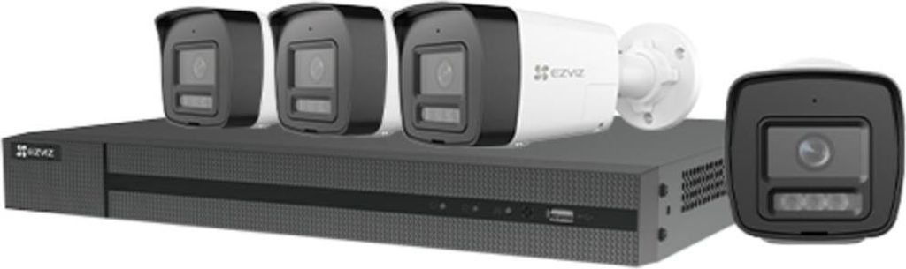 A set of security cameras and a network video recorder.