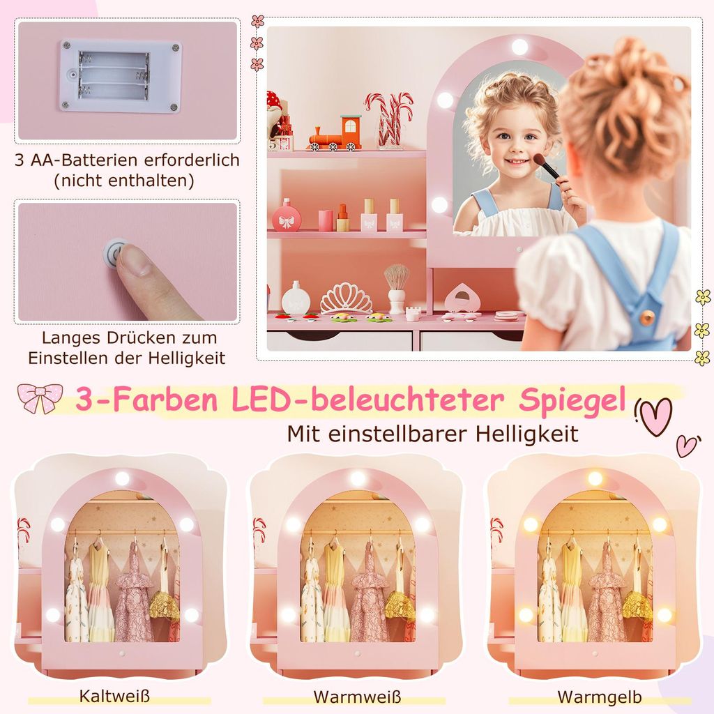 COSTWAY 2-in-1 Kinderschminktisch Mit Beleuchtung & Stuhl – 3-farbiger LED-Spiegel, Schubladen, Haken | Für Mädchen Ab 3 Jahren (Weiß/Rosa)
