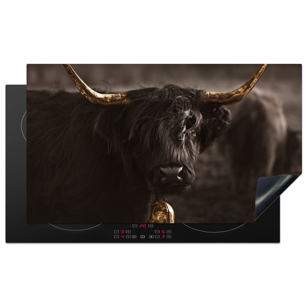 KitchenYeah Herdabdeckplatte Schottischer Highlander - Gold - Kuhglocke - Hörner - Tiere , 90x52cm, Küche Deko, Glaskeramikkochfeld Herdabdecku...