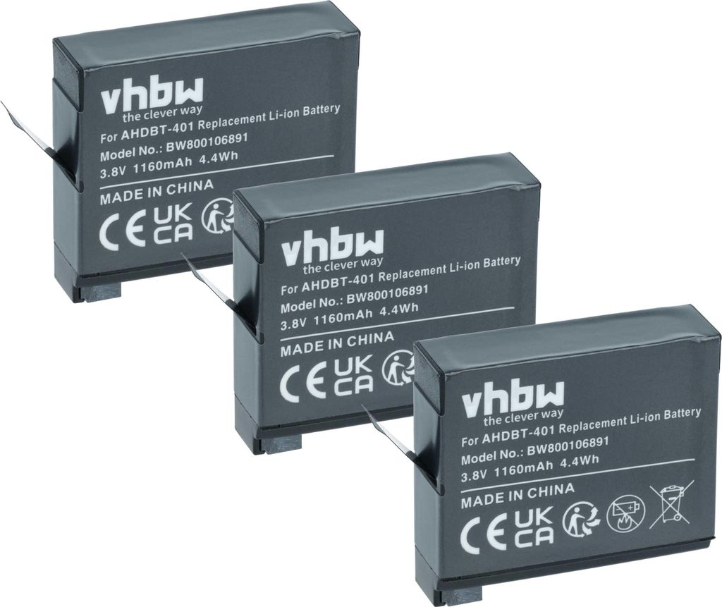 vhbw 3x Akku Ersatz für GoPro AHDBT-401, 335-06532-000 für Videokamera Camcorder (1160 mAh, 3,7 V, Li-Ion)