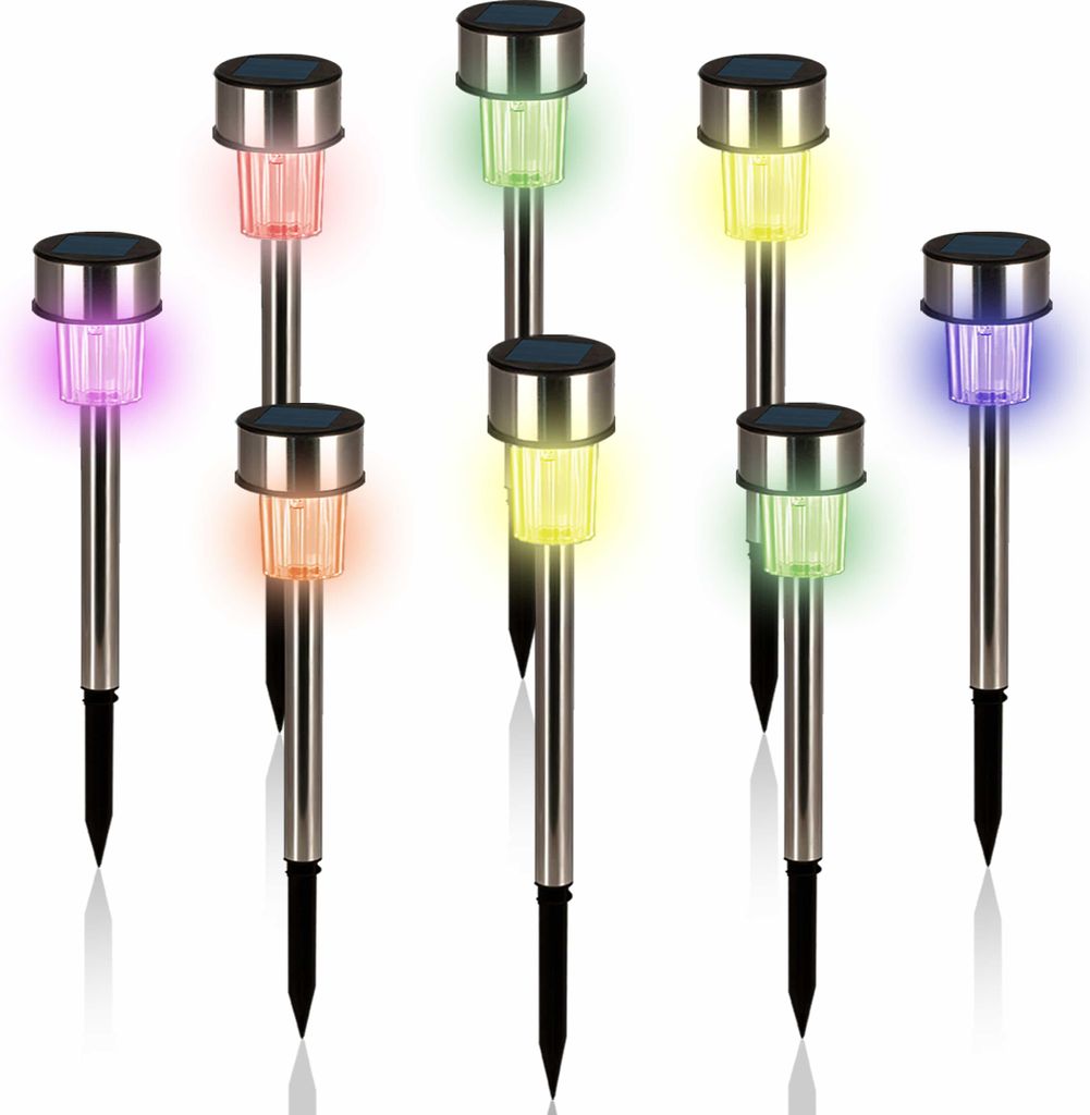 A set of eight solar garden lights with stainless steel poles and colored LED lights.
