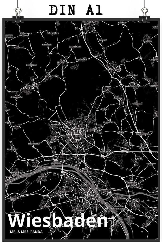 Mr. & Mrs. Panda Bild Wiesbaden DIN A1 - Geschenk, Stadt Dorf Karte Landkarte Map Stadtplan, wanddeko, drucke, Kunstdruck, poster, wanddruck