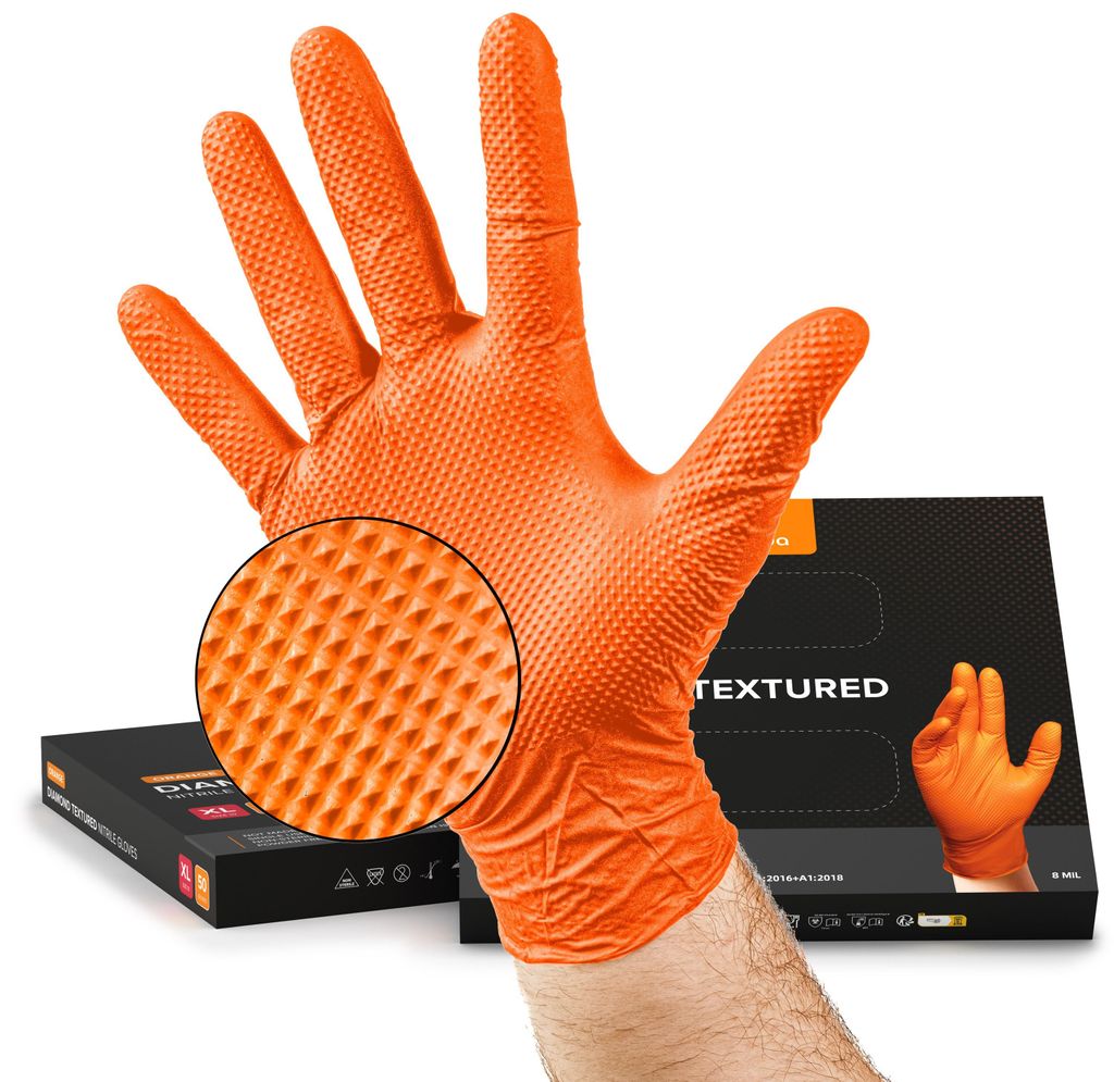 NIMEDA Gummihandschuhe Einweg XXL Orange 50 Stück Nitrilhandschuh 2-3 x dicker Einmalhandschuh Arbeitshandschuh puderfrei latexfrei mit Diamant Grip