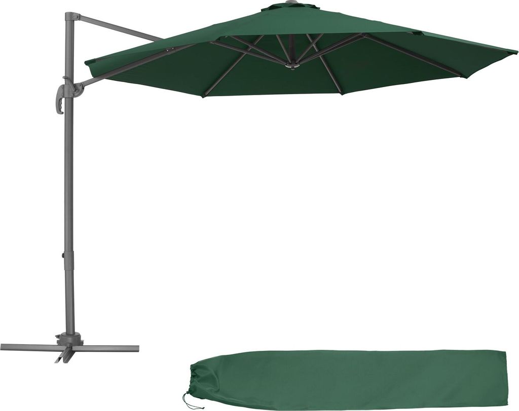 A green cantilever umbrella and its cover are displayed against a white background.