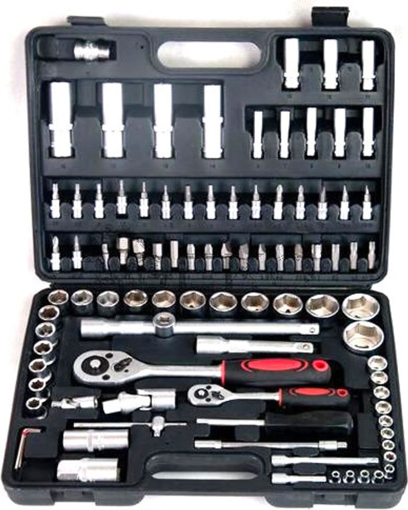 A black toolbox filled with various tools, including sockets, wrenches, and screwdrivers.