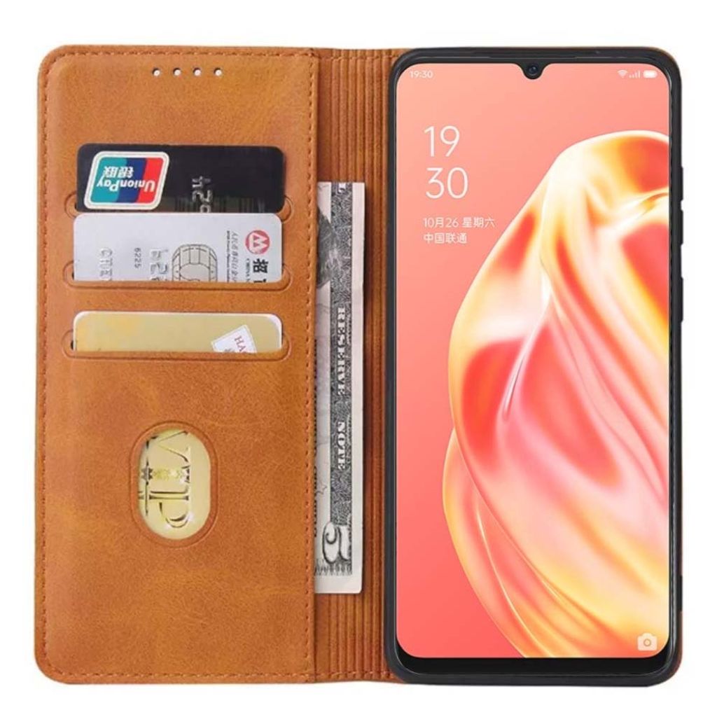 Smartphonica Oppo A91 leren hoesje met magnetische sluiting en pashouders book case – Bruin