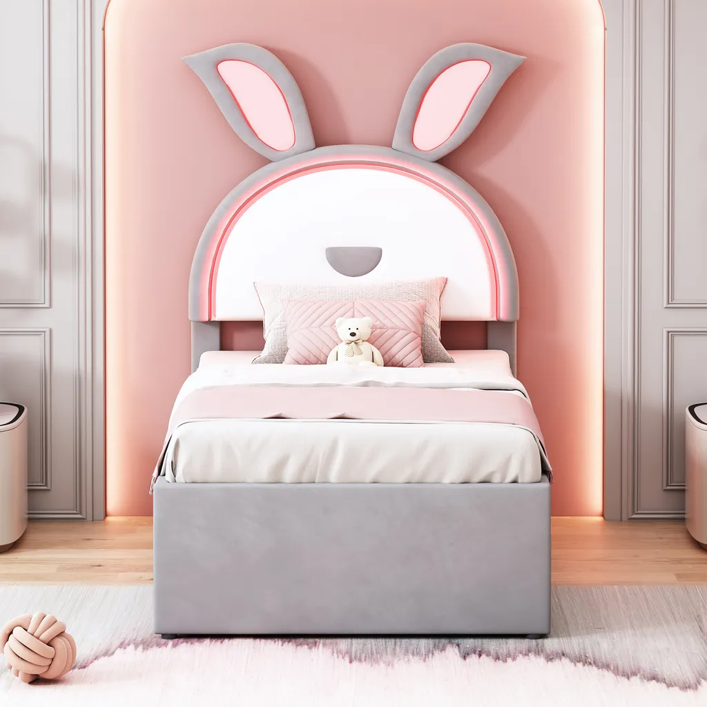 Lit d'adolescent avec LED intégrées et tiroirs en velours gris ultra doux - 2