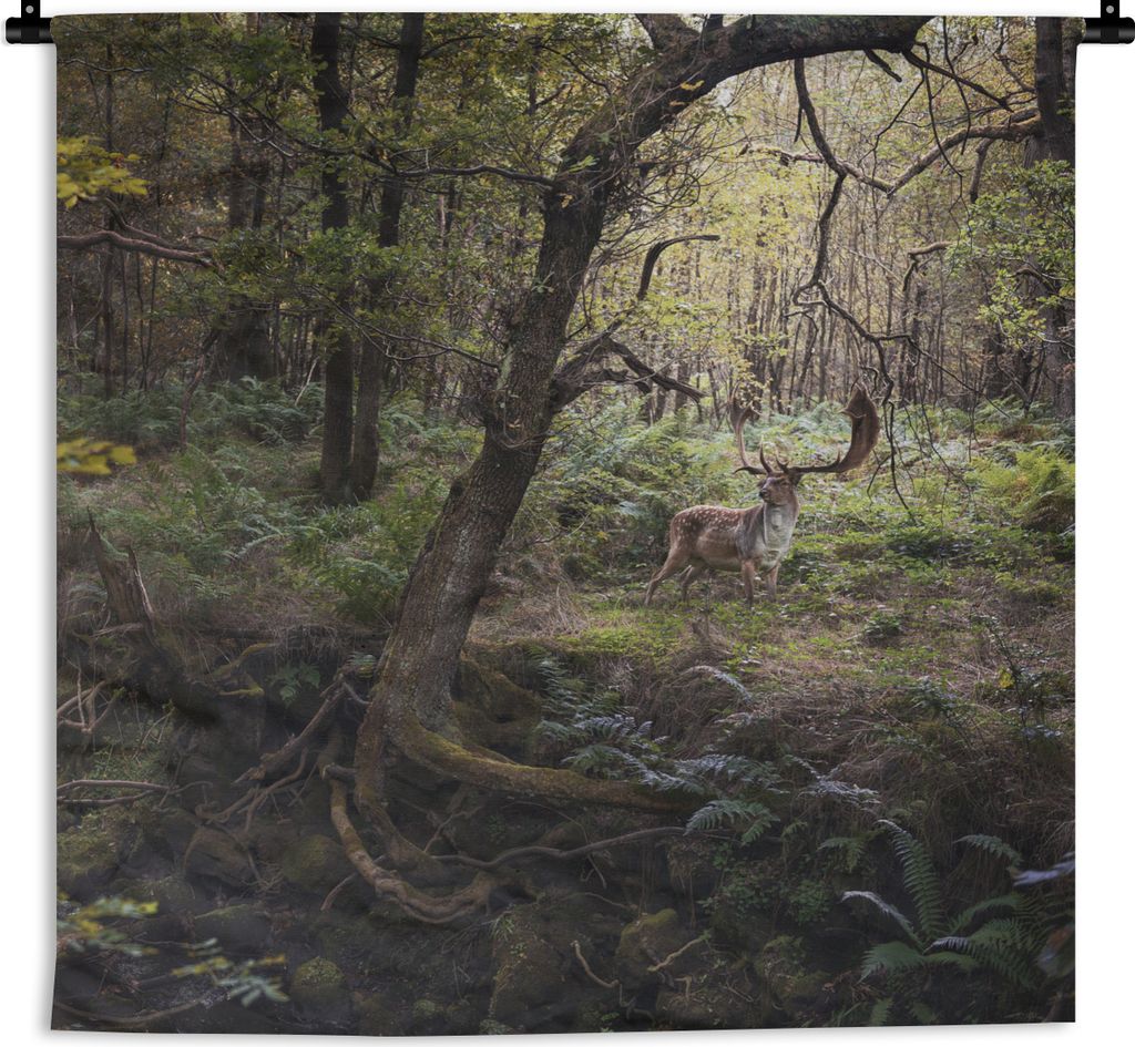 MuchoWow Wandteppich Wandbehang Waldtier - Hirsch - Sonne 120x120 cm Tapisserie Dekoration Wandtuch - Modern - Baumwollgewebe
