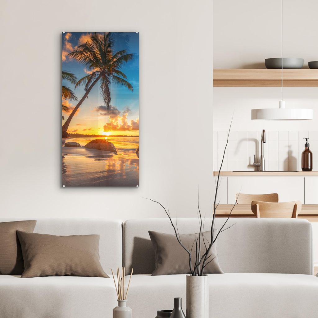 MuchoWow Glasbilder - Bilder auf Wandbild - Foto auf Glas Strand - Meer - Palme - Sonnenuntergang 40x80 cm Wanddekoration aus Glas - Acrylglasbild ...